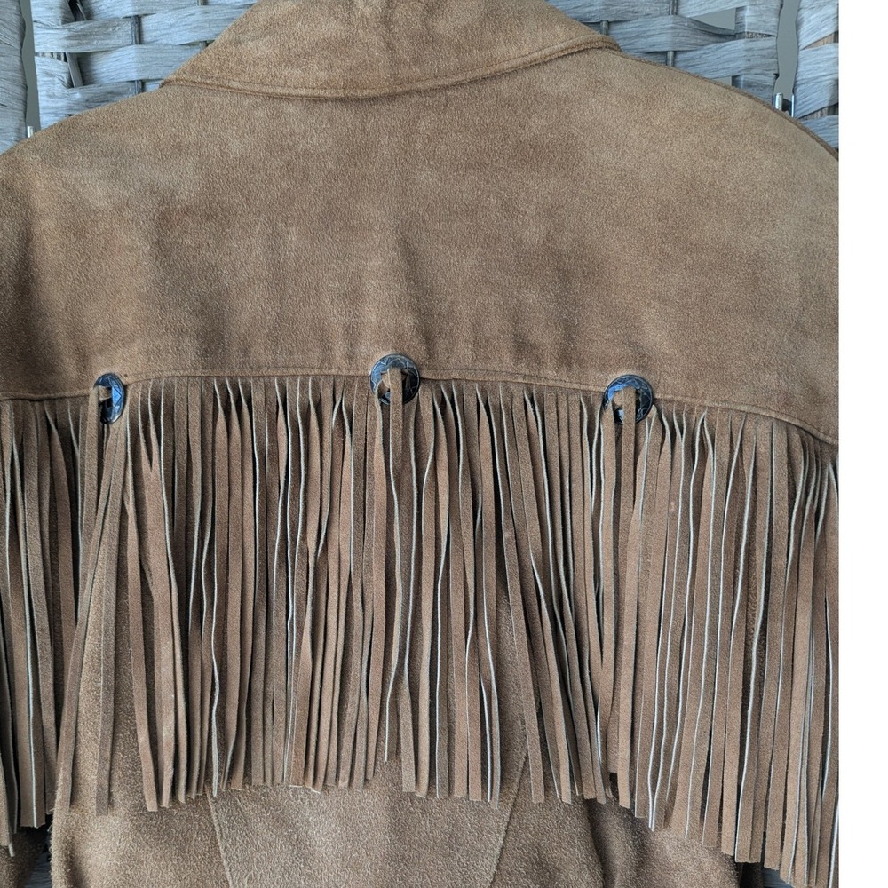 Vtg 80s Taxi Jacket Brown Camel Suede Fringe Western Cropped Womens S Boxy Fit - Picture 9 of 11
